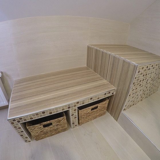 Carrelage effet relief série MADERA ROBLE 30cm x 90cm et Mosaïque ton Pierre